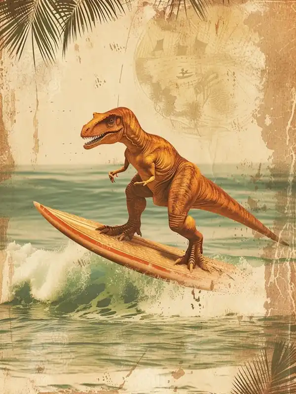 Vintage Dinosaur On A Surf Board Crafted
