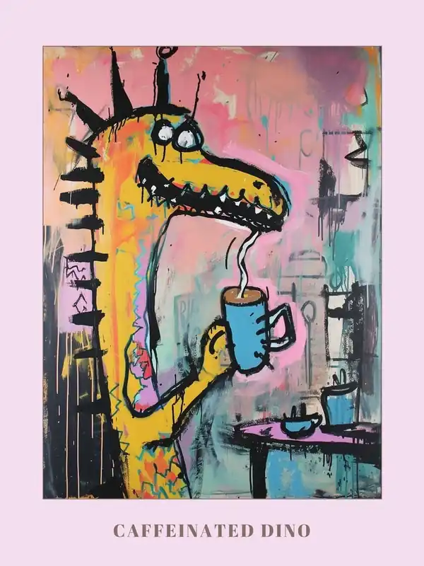 Dinosaur Drinking Coffee Pastel Pink Graffiti Brushstroke 1 Poster Best Price