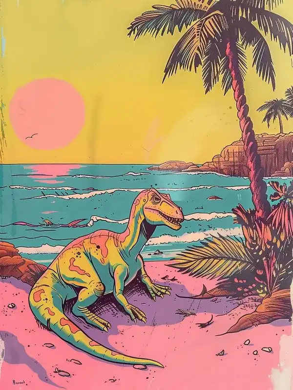 Pastel Yellow Pink Dinosaur On The Beach Free Shipping