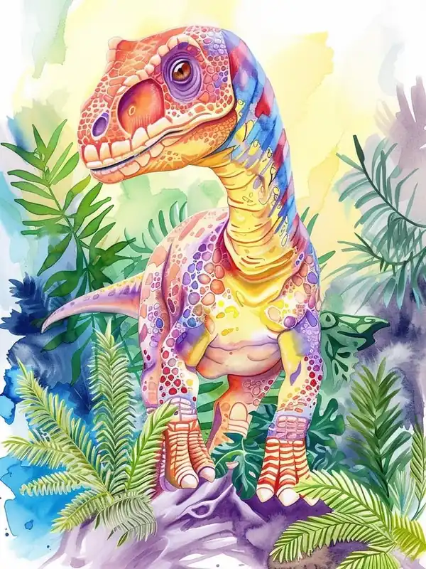 Money Back Guarantee Rainbow Dinosaur Watercolour In The Foliage