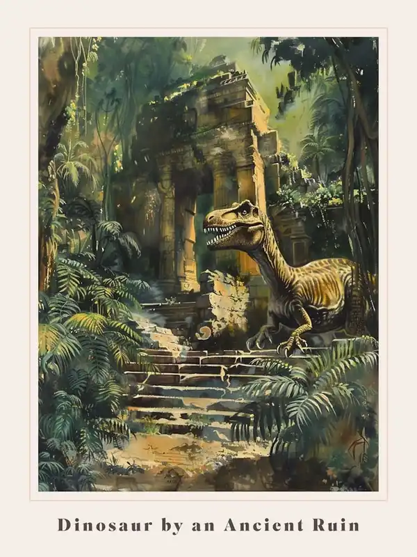 Dinosaur By An Ancient Ruin Painting 1 Poster Original