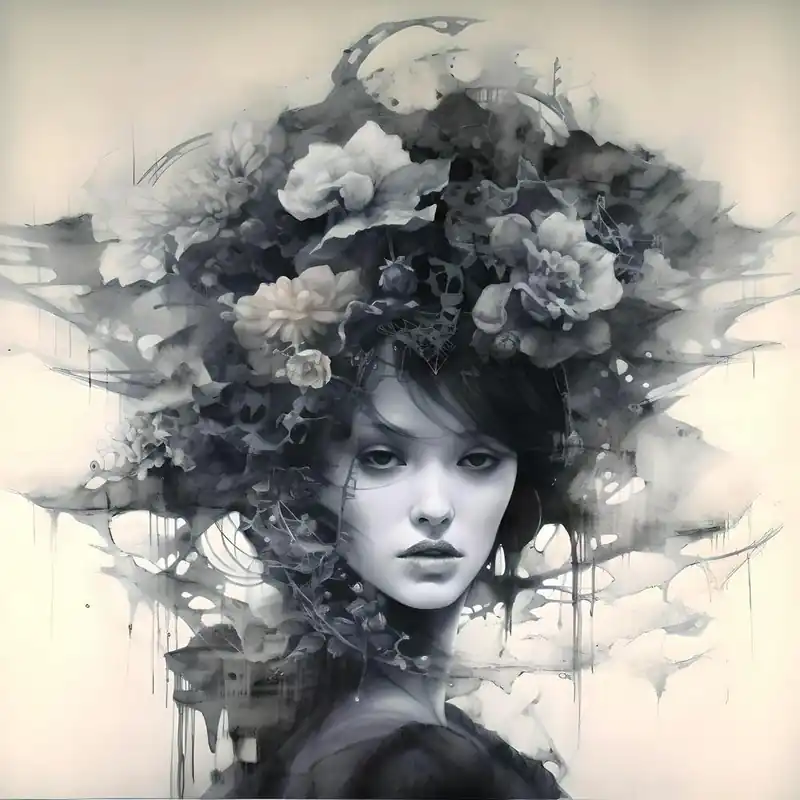 Ink & Watercolour Girl With Floral Hair, Surreal Witch Popular