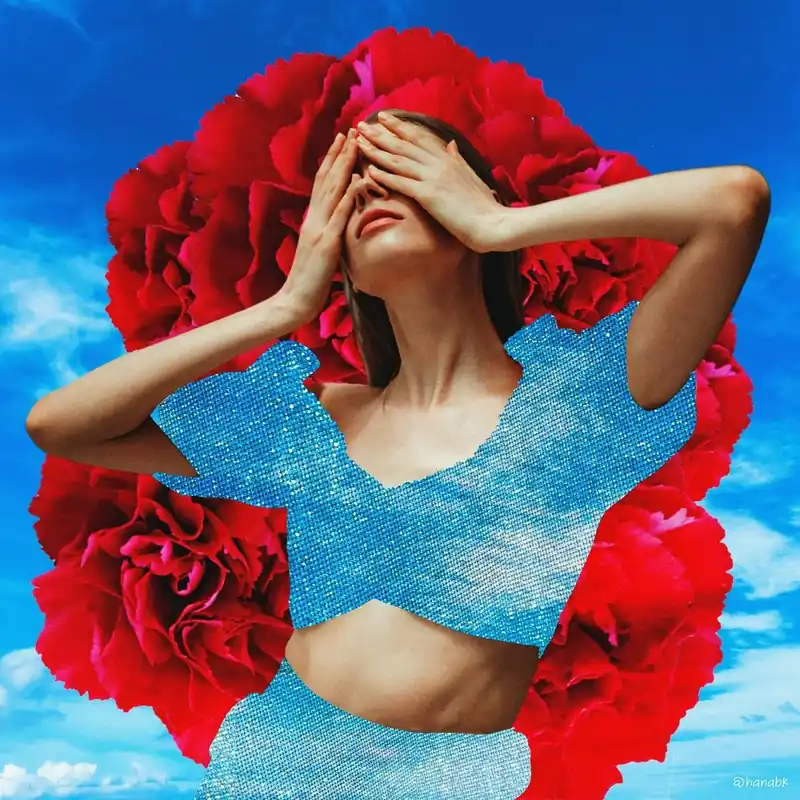 Art Rose Sky Model Collage Blue & Red Square Order Now
