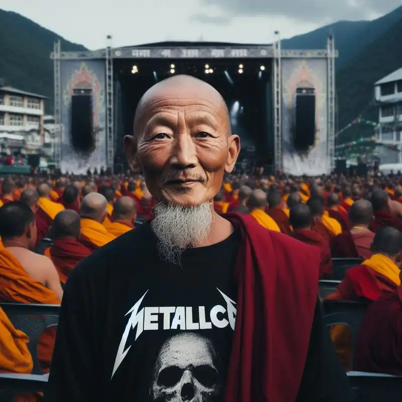 Buddhist Monk in a heavy metal concert Genuine