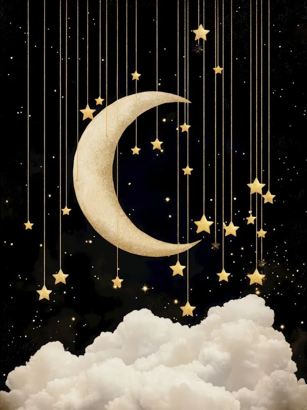 Fresh Stock dreamy celestial painting of a Golden crescent moon with hanging stars in black and gold – surreal fantasy art perfect for nursery, moody interiors, elegant luxe decor