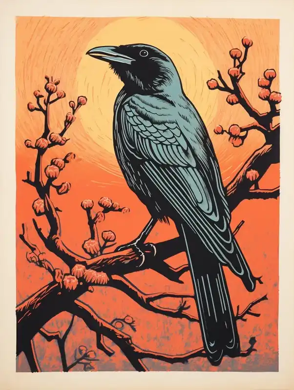 Instant Buy Vintage Bird Linocut Raven 3