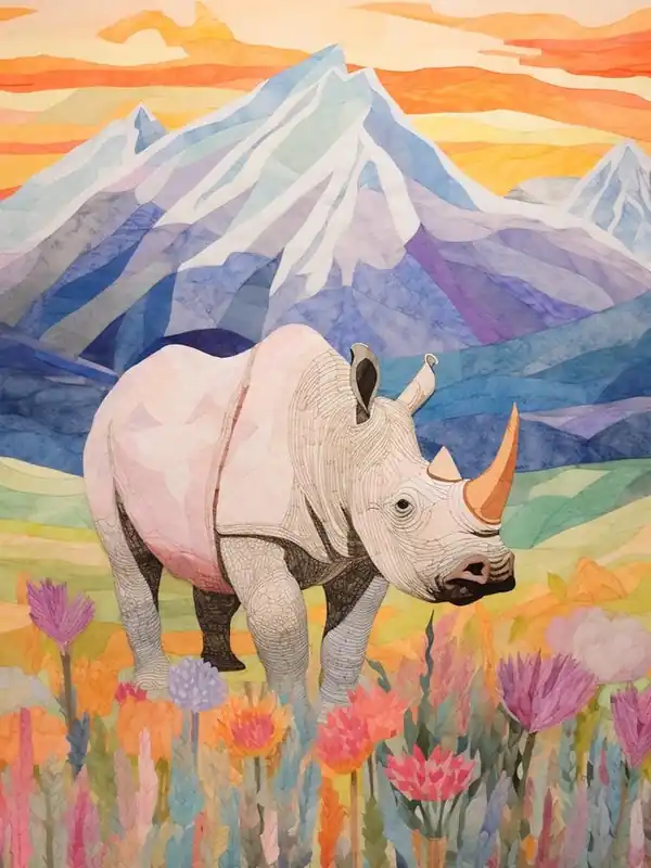 Premium Patchwork Floral Rhino With Mountain In The Background 6