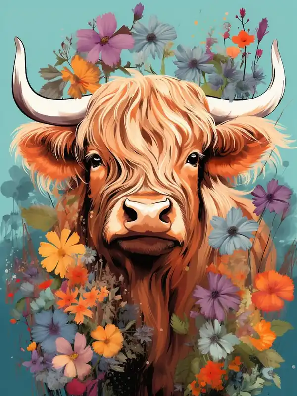 Holiday Sale Floral Portrait Of A Highland Cow 2