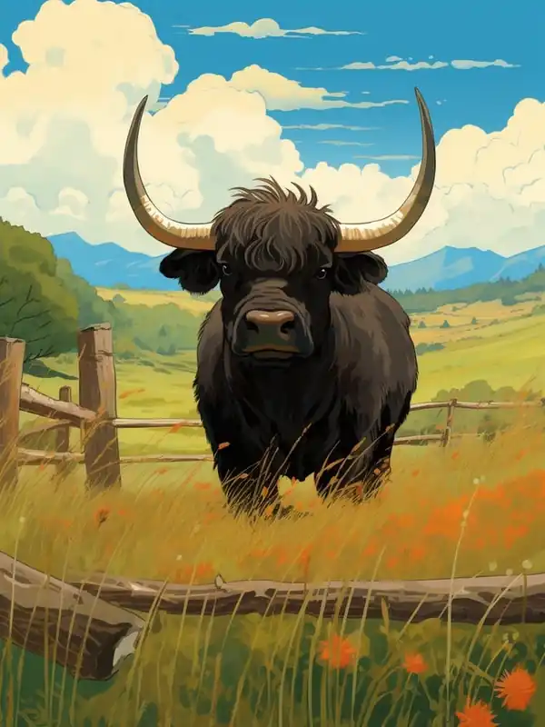 Brand New Black Highland Bull By Wooden Fence In The Highlands
