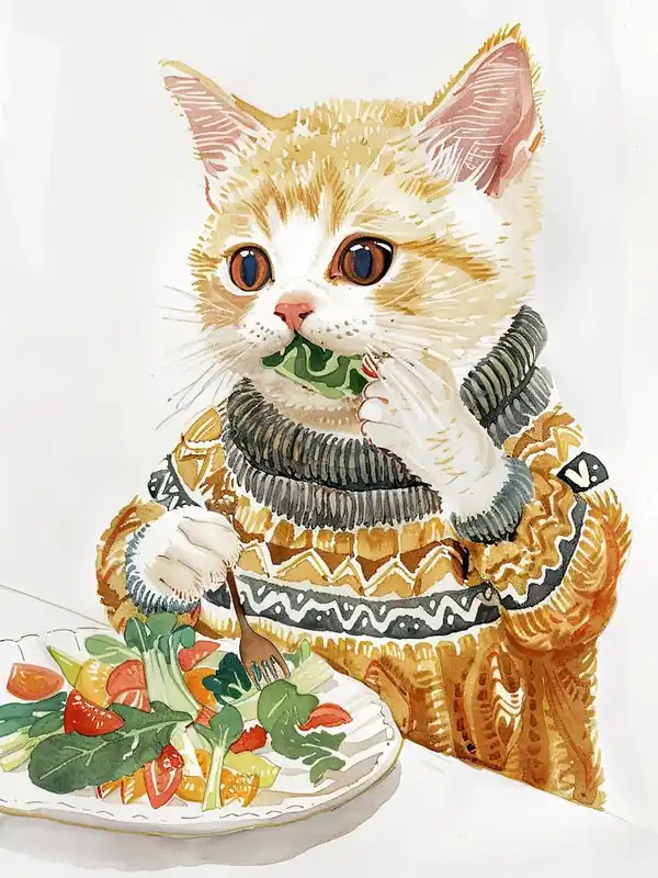 White Tan Cat Eating Salad Folk Illustration 4 Buy Today