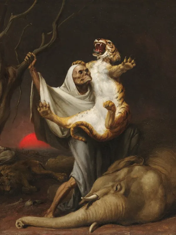 Order Now Power of Death, circa 1889. Painted by William Holbrook Beard. Skeleton Carrying a Tiger | HD Remastered Perfect Reproduction