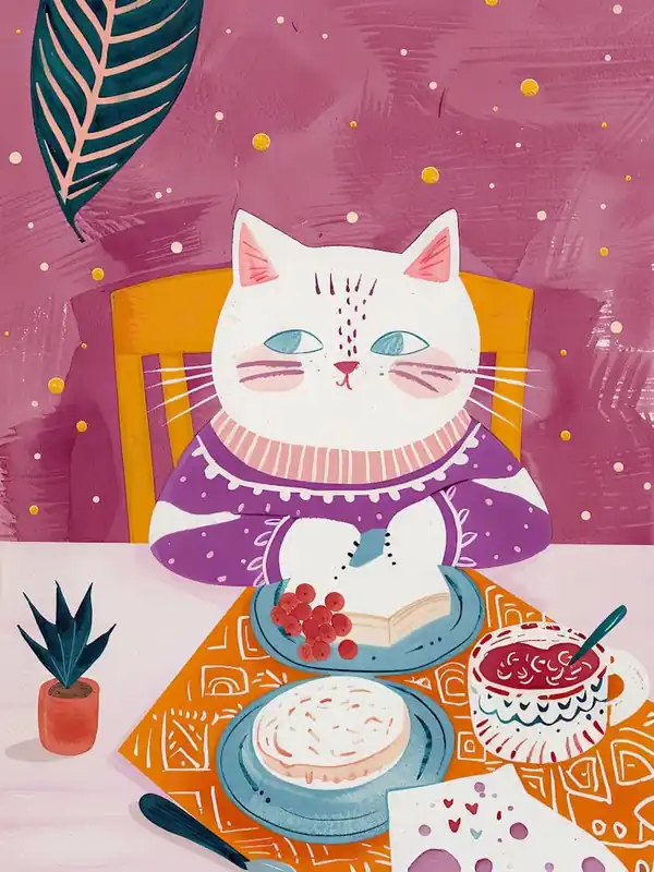 White Cat Having Breakfast Folk Illustration 2 Limited Edition