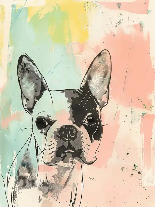 Boston Terrier Dog Pastel Line Watercolour Illustration3 Brand New
