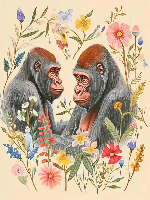 Folksy Floral Animal Drawing Gorilla Authentic