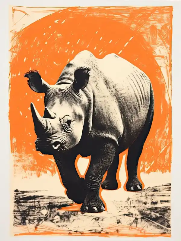 Black Rhinoceros, Woodblock Animal Drawing 4 Seasonal Sale