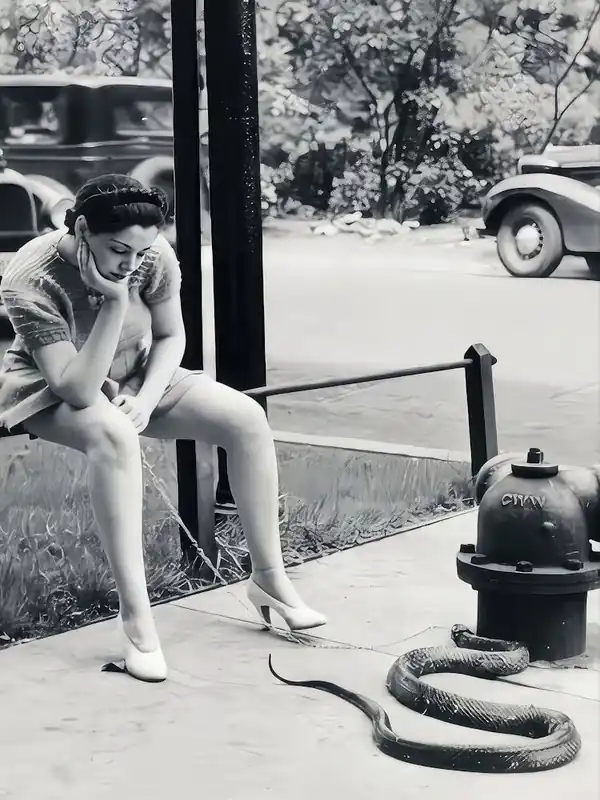Woman Walking Pet Snake Wall Art, Black And White Art, Vintage Snake On Leash, Oddities, Retro Snake Print, Funny Poster, Entry Room Decor Last Chance
