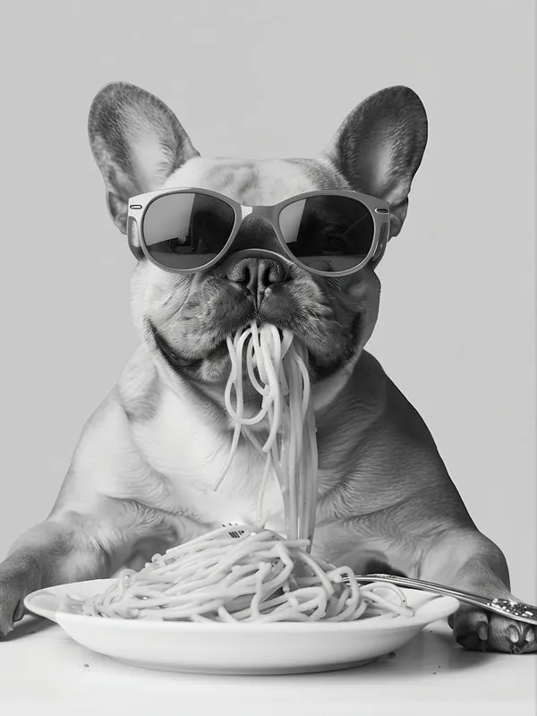 French Bulldog Eating Pasta Wall Art, Spaghetti Print, Black And White Print, Frenchie Print, Dog Gift, Funny Dog Poster, Kitchen Wall Decor Must Have