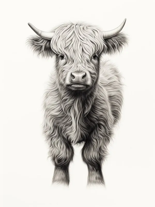 Black & White Illustration Of Young Highland Cow Affordable
