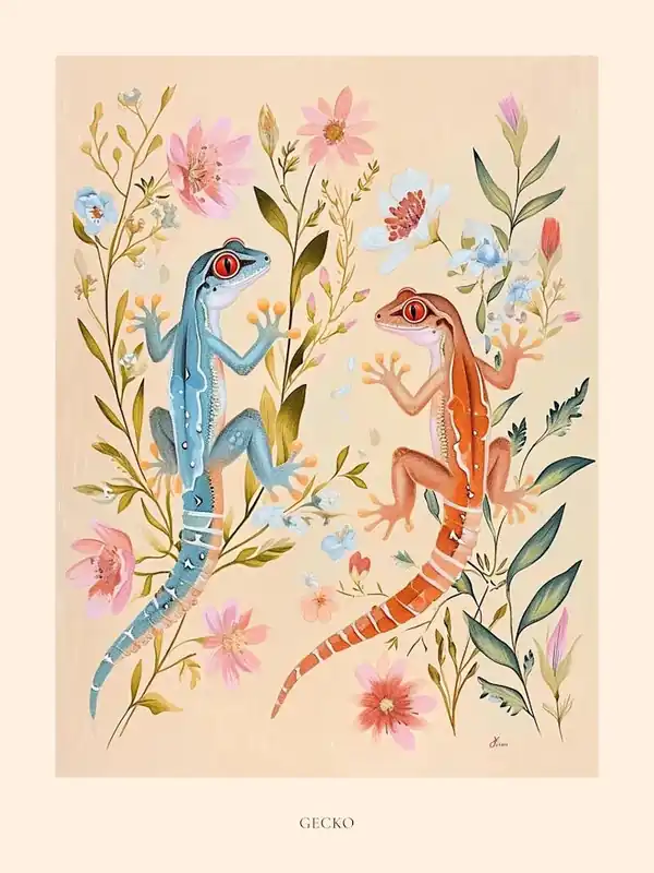 Folksy Floral Animal Drawing Gecko Poster Viral