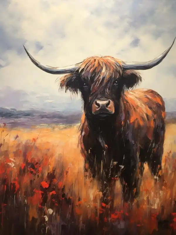 Warm Tones Impressionism Style Paintingh Of Highland Cow In The Valley 1 Limited Time