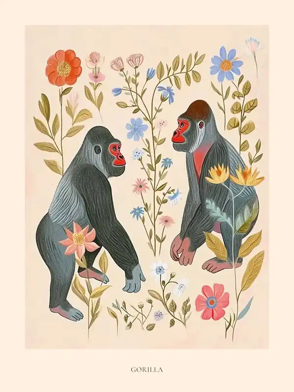 Free Delivery Folksy Floral Animal Drawing Gorilla 6 Poster
