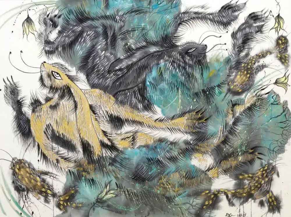 No Minimum Order Hares on the pond ink art