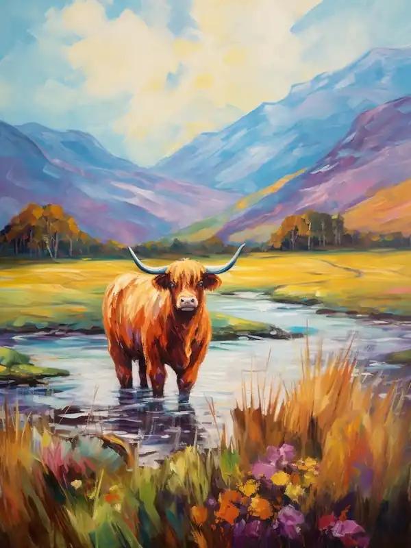 Impressionism Style Painting Of A Highland Cattle In The River 1 Cheap
