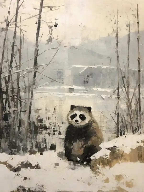 Handmade Vintage Winter Animal Painting Raccoon 3