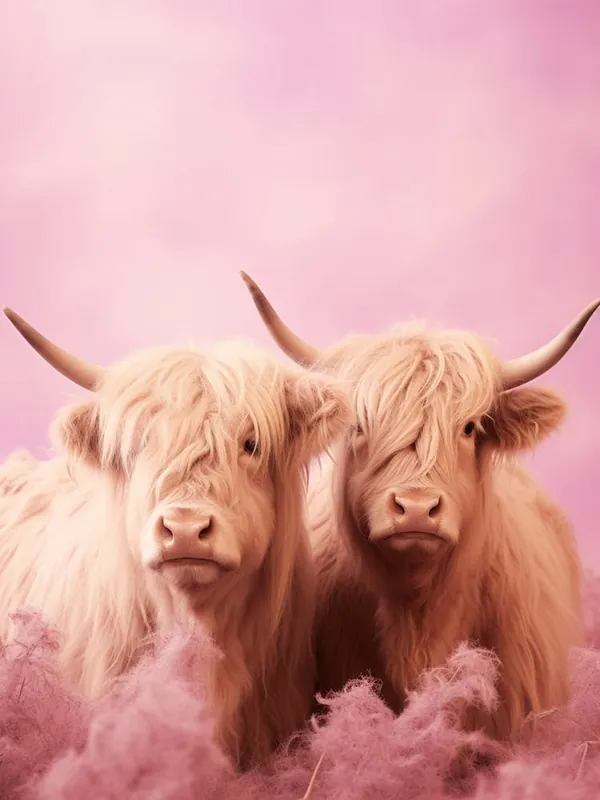 Two Highland Cows Pink Portrait 2 Instant Buy