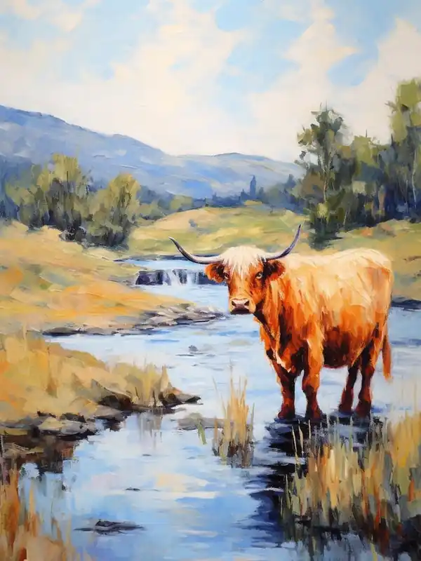 New Release Impressionism Style Painting Of A Highland Cattle In The River 4