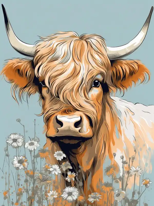 Chalk Blue Floral Portrait Of Highland Cow Holiday Sale