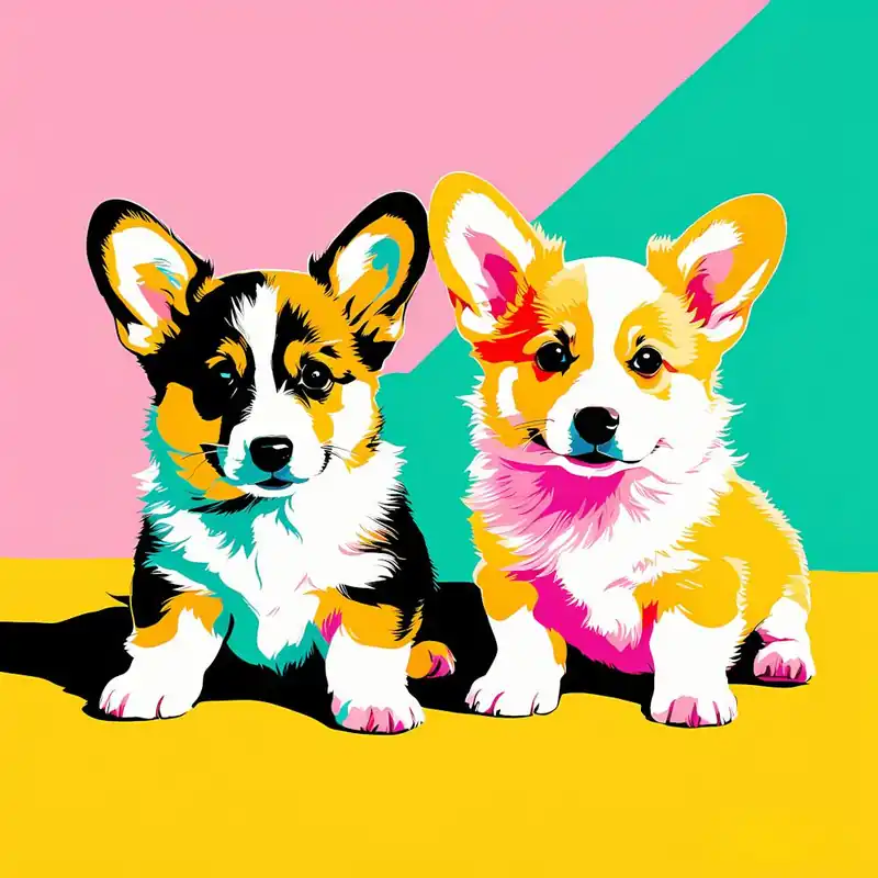 Flat Art Painting Two Cute Adorable Pembroke Welsh Corgi Pups Frolic Against A Sunny Yellow Backg 599197766 Final Sale