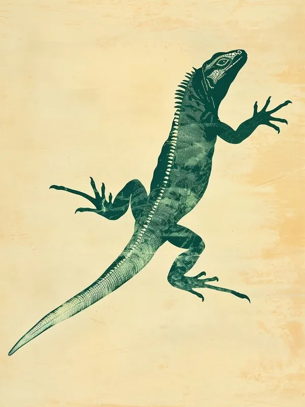 Forest Green Galápagos Land Iguana Block Print 3 Reduced Price