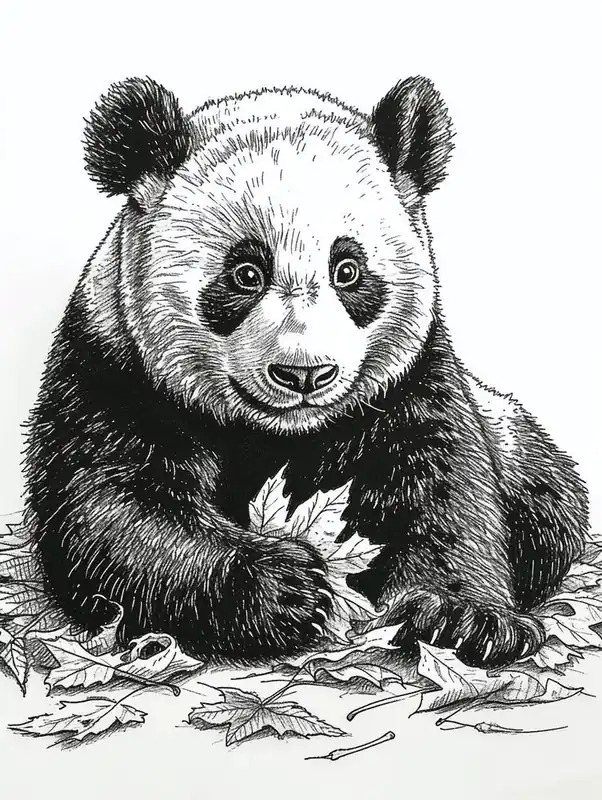 Giant Panda Cub Playing With A Fallen Leaf Ink Illustration 1 Hot Picks