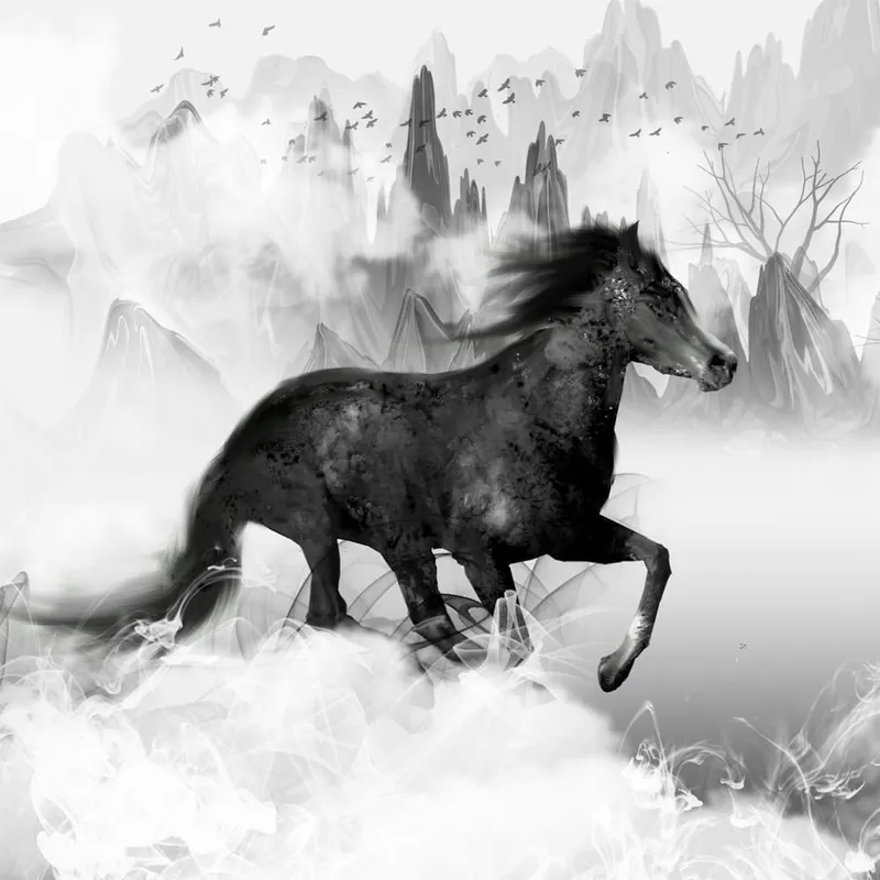 Ink Galloping Horse Black and White - Horse Running In The Fog Limited Time