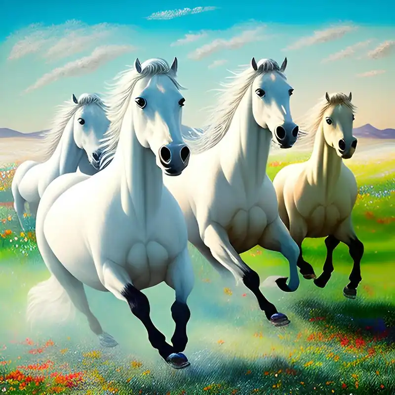 A Surreal Masterpiece Of White Horses Running Through A Field Filled With Oversized Vibrant 963659955 Limited Offer