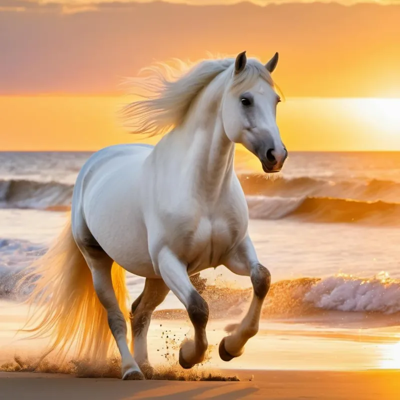 Budget White Stallion On The Beach At Sunset