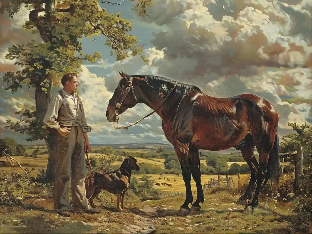Hot Deal The Country Man And His Horse, Canvas Print, Rustic Farmhouse Decor, Country Living Room Wall, Farm Painting, Country Gift