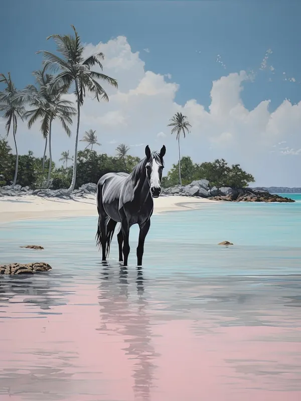 A Horse Oil Painting In Pink Sands Beach, Bahamas, Portrait 3 Best Seller
