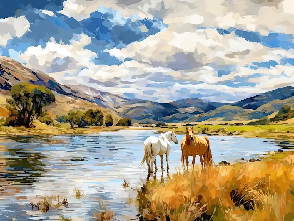 Sale Horses Painting In Lake District, New Zealand, Landscape 3