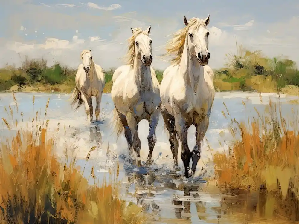 Horses Painting In Camargue, France, Landscape 3 Next Day Delivery