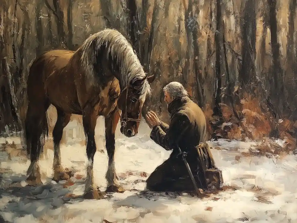 Same Day Shipping An oil painting of old man in front of his horse, with the winter forest behind him