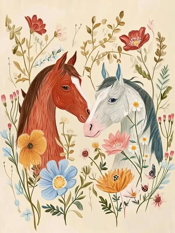 Folksy Floral Animal Drawing Horse 3 Hot Deal