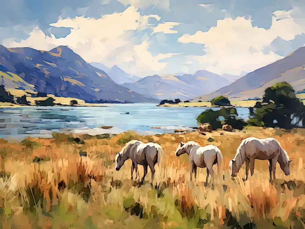 Horses Painting In Lake District, New Zealand, Landscape 1 Buy Direct