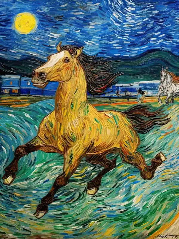 Horse Racing In The Style Of Van Gogh 3 Free Shipping