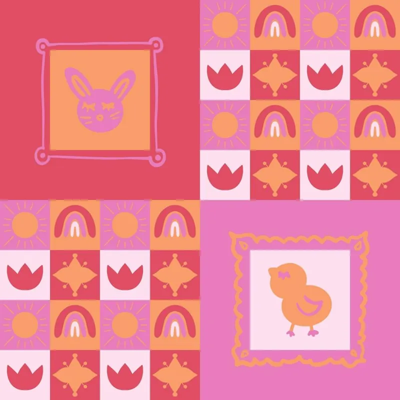 Last Chance Bold pink aesthetic collage with chicken, bunny, tulips, sun and rainbow in hand drawn frames