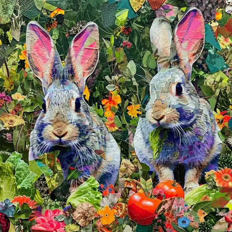 Bunnies Munching On Vegetables Collage 3 Warranty Included