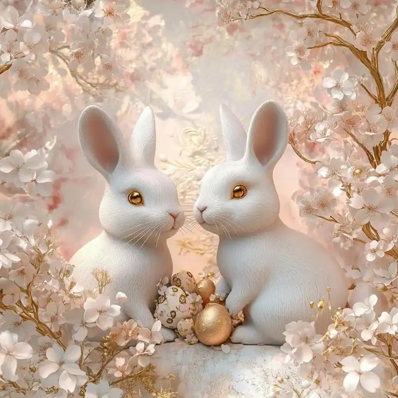 Buy Online 3d Rendering Of Rabbits With Golden And Pink Tones, Surrounded By Flowers And Cherry Blossoms, Easter Theme, Easter Background, Easter Decoration, Digital Art, Illustrations, Cute Style, High Resolution, Detailed Textures, Sof