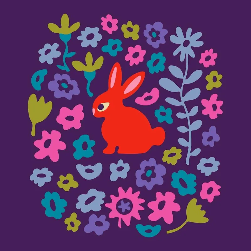 Direct From Manufacturer BUNNY RABBIT Cute Animal and Flowers in Sweet Brights Red Purple Pink Blue Green Kids
