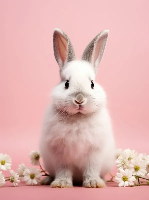 Mega Sale White Rabbit With Daisies On Pink Background